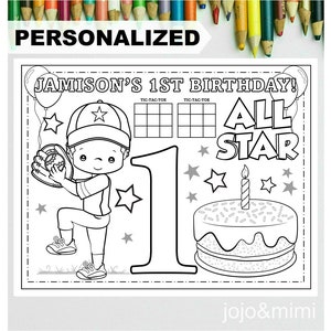 PERSONALIZED BASEBALL Happy First Birthday Printable Placemat Activity Coloring Page Boys Sports Birthday Party Placemat Baseball Party