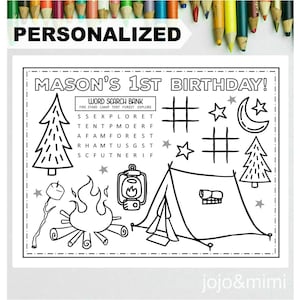 PERSONALIZED CAMPING alles Gute zum Geburtstag Druckbare Tischset Aktivität Geburtstag Malseite Geburtstagsparty Tischset Sleepover Camping Zelt Feuer