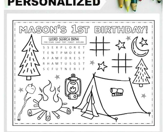 PERSONALIZED CAMPING Happy Birthday Printable Placemat Activity Birthday Coloring Page Birthday Party Placemat Sleepover Camping Tent Fire