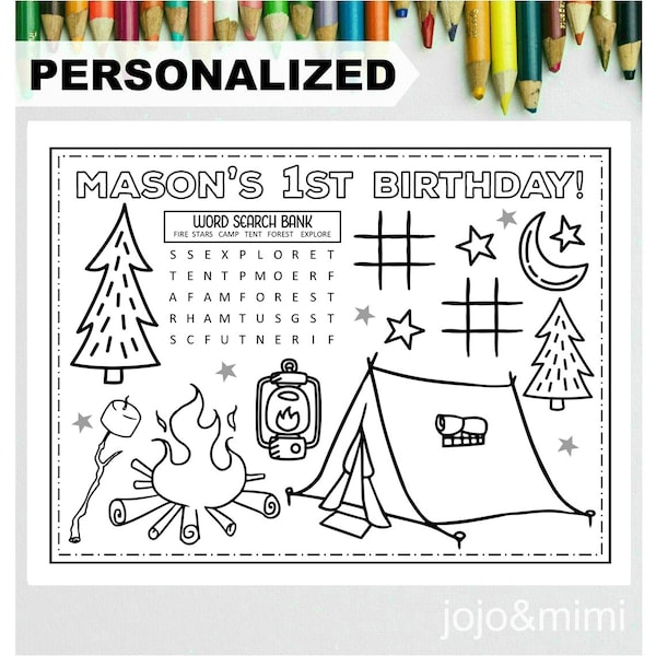 PERSONALIZED CAMPING Happy Birthday Printable Placemat Activity Birthday Coloring Page Birthday Party Placemat Sleepover Camping Tent Fire