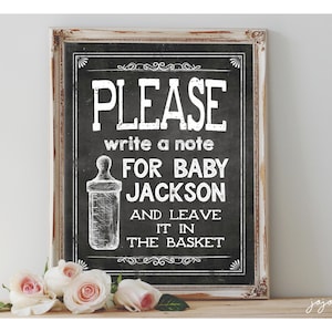 Letrero para eventos imprimible personalizado con el mensaje 'Escriba una nota para el bebé', pizarra con consejos y palabras de aliento para baby shower, personalizado con un nombre