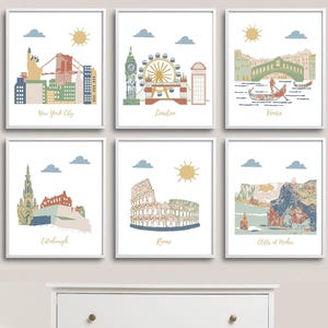 Nursery wall art,travel theme nursery,NYC,London,Venice,Edinburgh,Rome,Cliffs of Moher,Terracotta,Blue,Green,Gold,Beige