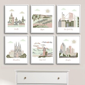 Nursery wall art, Travel theme nursery,neutral gender,Seville,Napa,NYC,Barcelona,Cape Cod,Houston ,Terracotta,Beige,Green,Gray