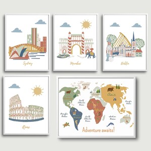 Décoration murale de voyage pour chambre d'enfant – Lot de 5 impressions : carte du monde + villes – Thème aventure pour chambre d'enfant