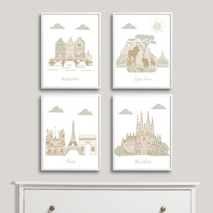 Nursery wall art,Travel theme nursery,sage green nursery,Amsterdam,Cape Town,Paris,Barcelona,Green,Beige,Brown, Set of 4 prints