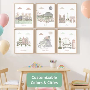 Láminas personalizadas de ciudades – Arte mural de viaje para habitación de bebé – Juego de 6