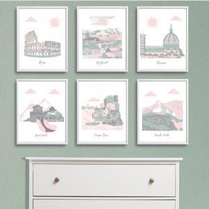 Nursery wall art,travel theme nursery,Sage green nursery,Rome,Reykjavik,Florence,Great Wall,Cinque Terre,Machu Picchu,Pink,Gray,Sage Green