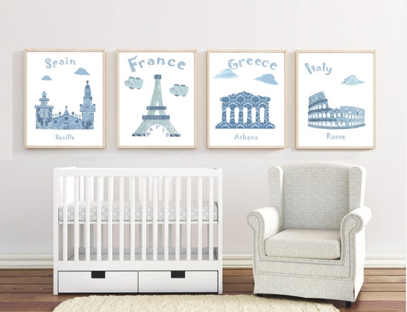 98 Nursery Wall Art Baby Boy Room Decor Nursery Travel Theme Blue Spain Seville France Paris Greece Athens Italy Rome