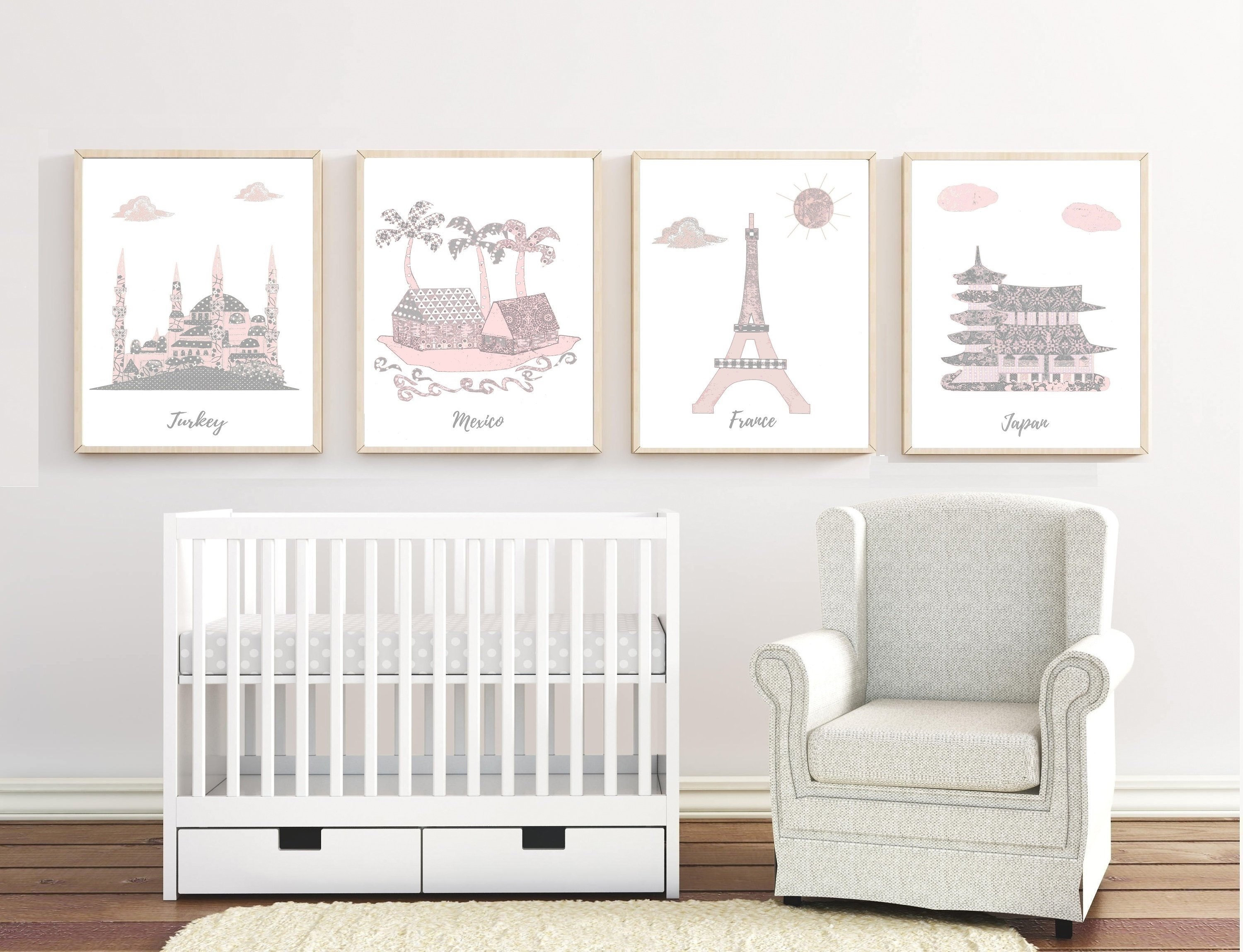 149, Crèche Art Mural, Thème de Voyage Crèche, Décoration Chambre Bébé, Rose, Gris, Mexique, Turquie