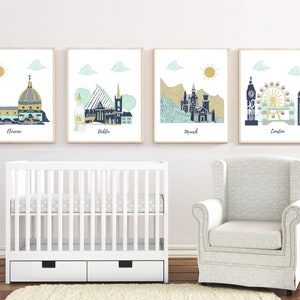 Art mural pour chambre d&#39;enfant, décoration de chambre d&#39;enfant, impression d&#39;art pour bébé, chambre d&#39;enfant sur le thème du voyage, bleu marine, menthe, gris, or, Londres, Munich, Florence, Dublin