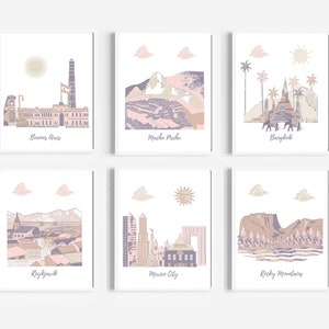 Nursery art,baby girl decor,travel nursery,purple,pink,beige,Buenos Aires,Machu Picchu,Reykjavik,Mexico City,Rocky Mountains,Bangkok
