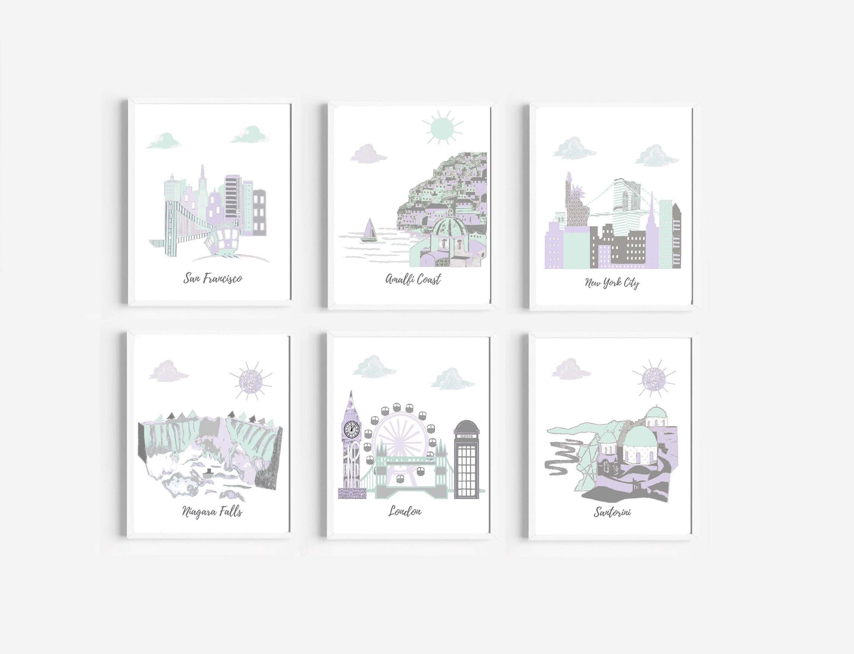 33, Art Mural de Pépinière, Pépinière à Thème Voyage, Menthe, Gris, Violet, Italie, Grèce, Angleterr