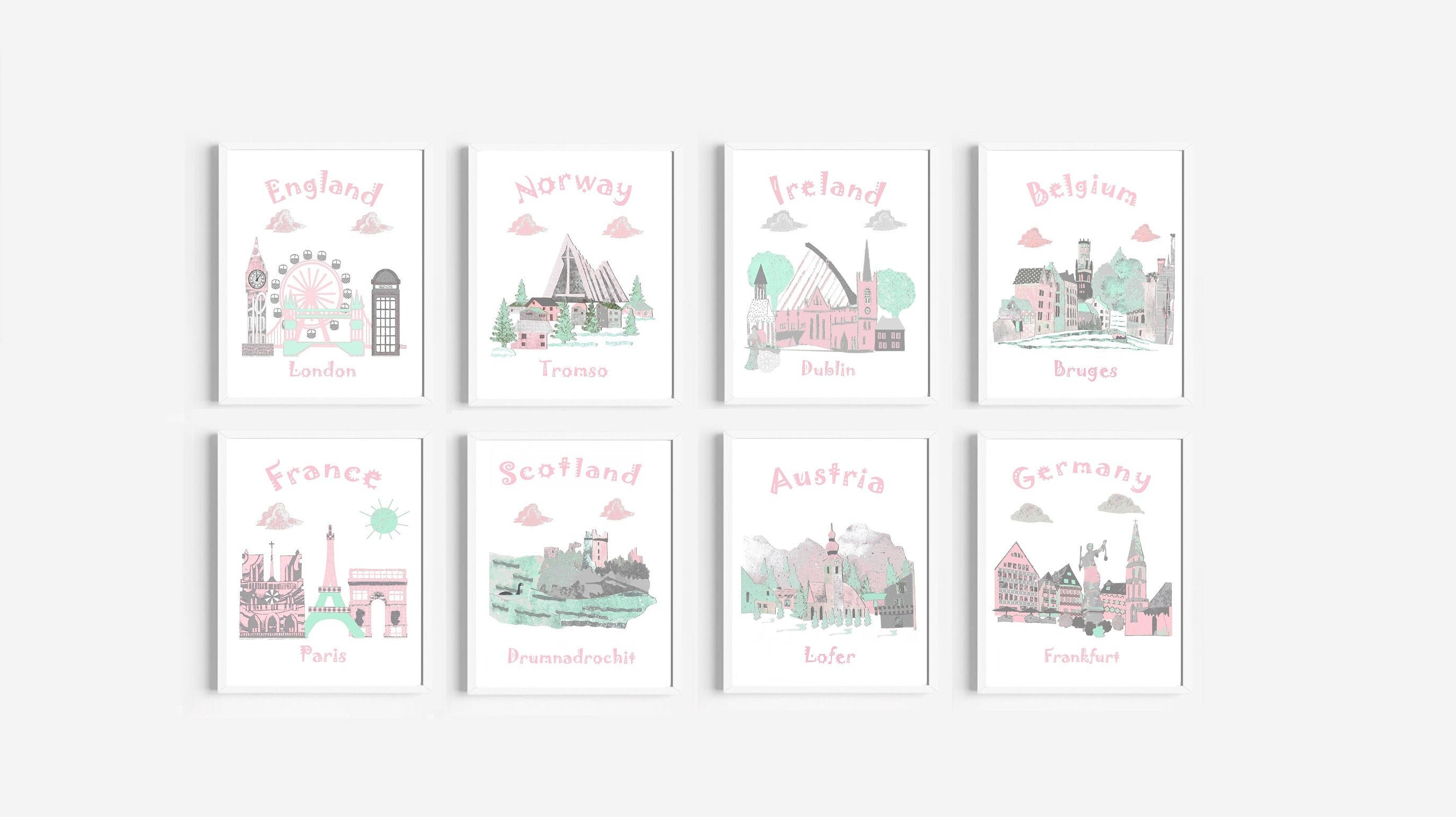 5, Thème de Voyage Pépinière, Rose, Gris, Menthe, Norvège, Ecosse, Autriche, Allemagne, Tromso, Lofe