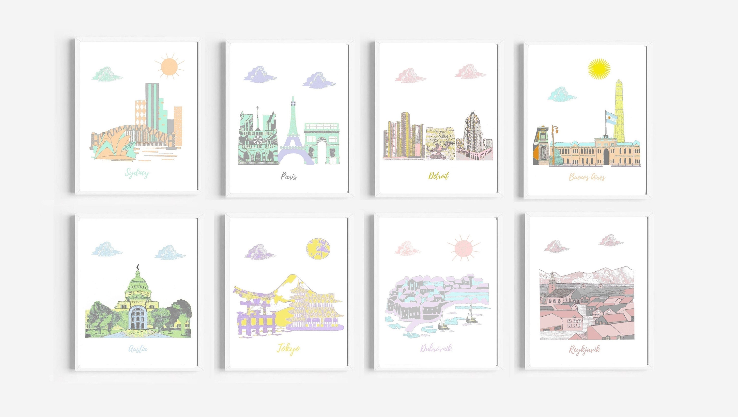 156, Art Mural de La Crèche, Décor Chambre Bébé, Bébé à Thème Voyage, Monuments, Couleurs Pastel, De