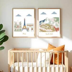 Nursery wall art,Travel theme nursery,Paris,Machu Picchu,Terracotta,Blue,Green,Gold,Beige
