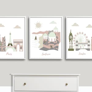 Set of 3 travel nursery wall art,neutral nursery,Paris,Santorini,London