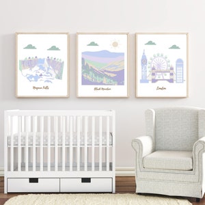 Travel Nursery Art Prints: Niagara Falls, London, Black Mountain - Set of 3