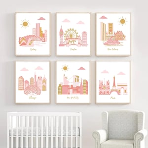 Nursery wall art,travel theme nursery,monuments,pink,gold,Sydney,London,New Orleans,Chicago,NYC,Paris