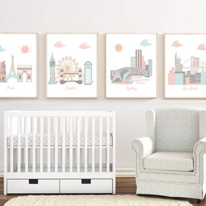 Nursery wall art,baby room decor,travel theme nursery,pink,mint,gold,gray,Paris,New York,London,Sydney