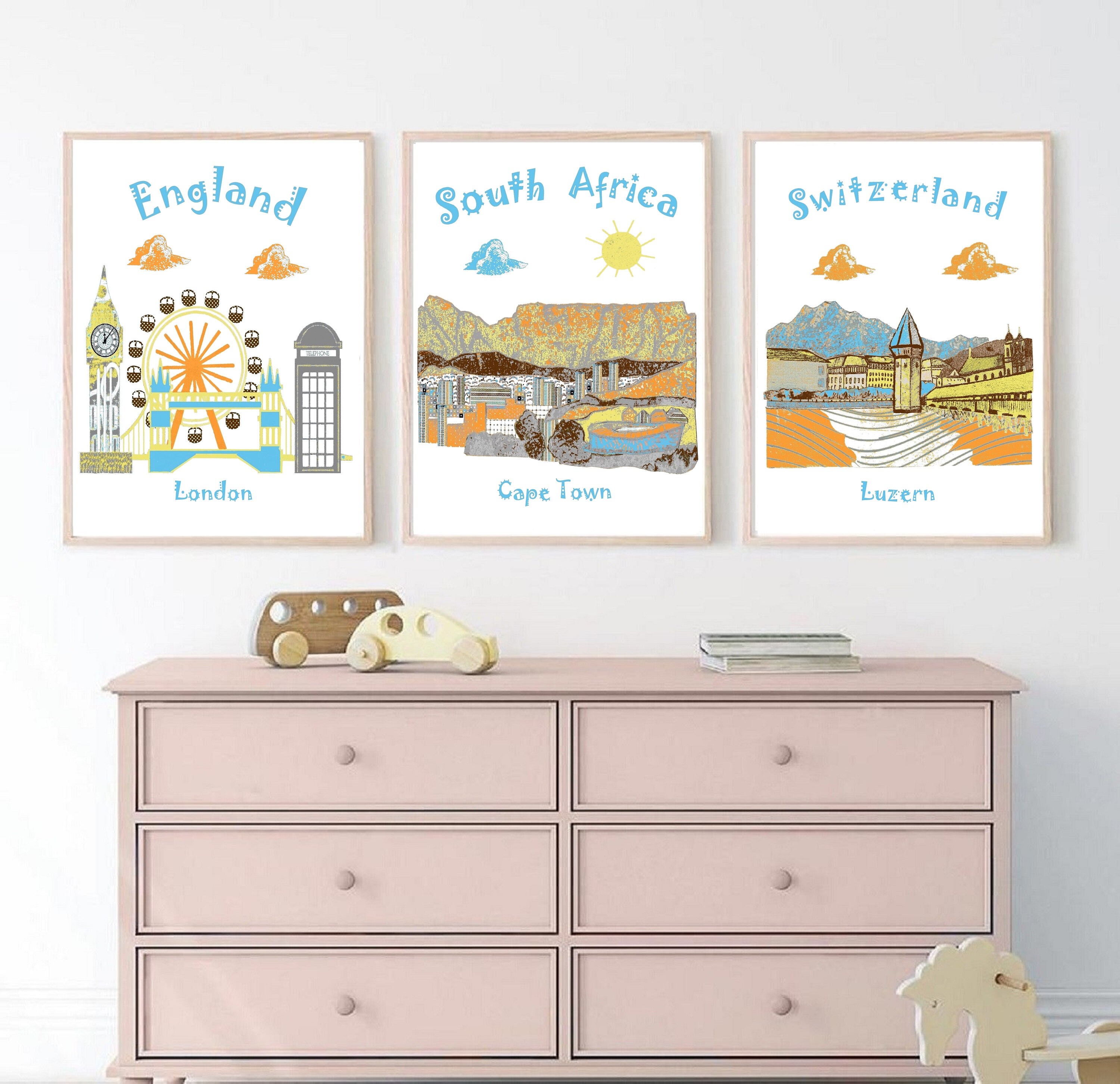 130, Nursery Wall Art, Crèche à Thème de Voyage, Bleu, Gris, Jaune, Orange, Marron, Afrique Du Sud,
