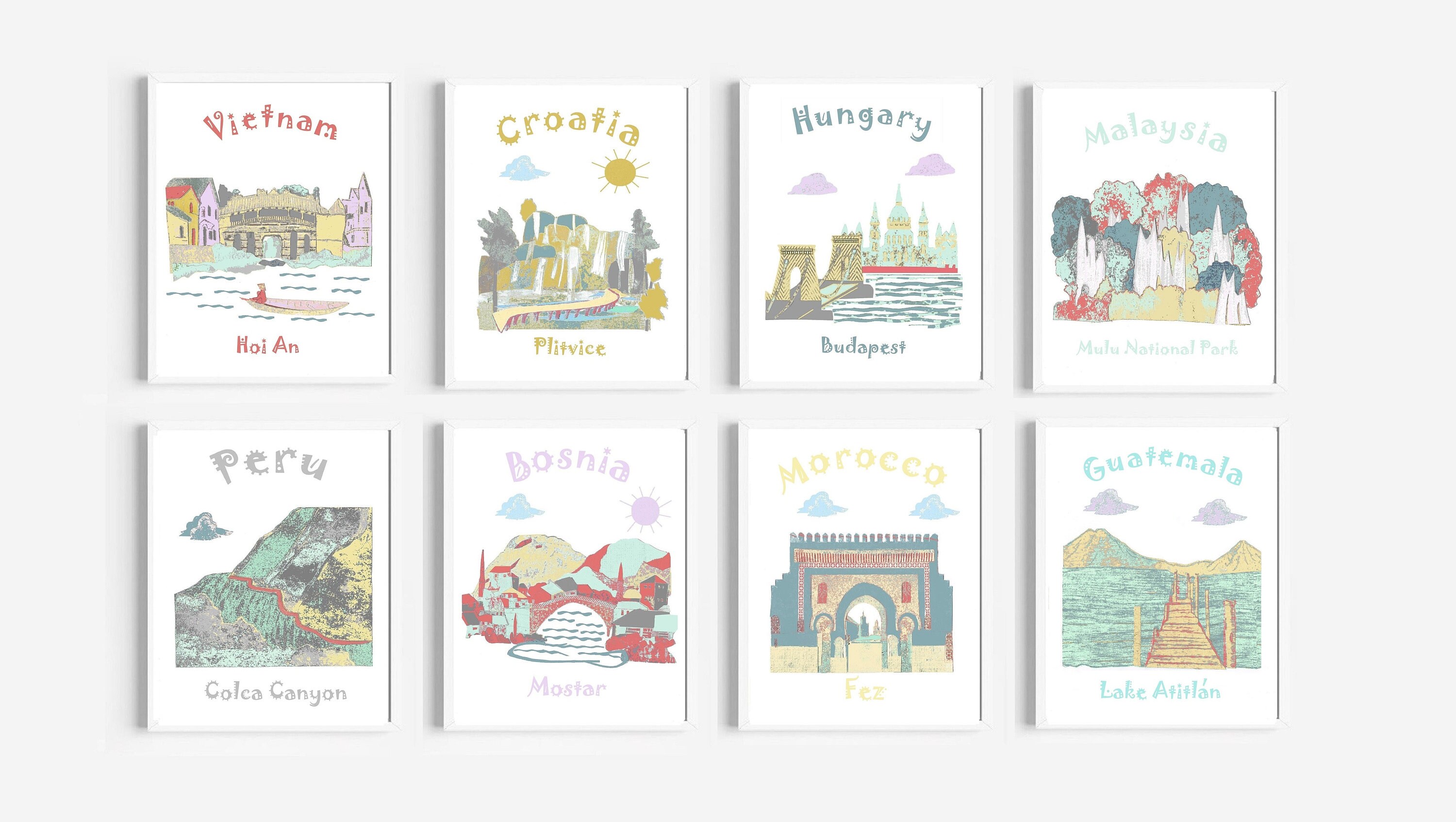 85, Nursery Wall Art, Thème de Voyage, Hio An, Plitvice, Budapest, Malaisie, Mulu National Park, Col