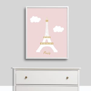 Art mural pour chambre d'enfant, chambre d'enfant sur le thème du voyage, petite fille, Paris, Tour Eiffel, Rose, Or, Blanc
