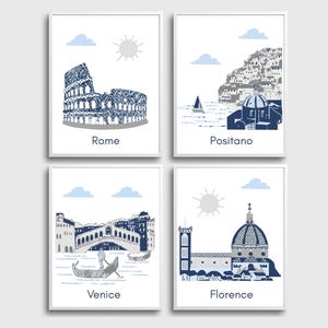 Ensemble d&#39;art mural ville italienne - Rome, Positano, Venise, gravures Florence - Décoration de chambre de voyage pour enfants, ensemble d&#39;affiches Italie minimaliste, bleu, gris