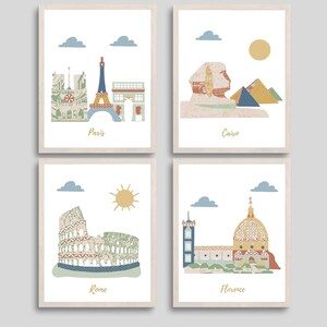 Nursery wall art,Travel theme nursery,Set of 4 prints,City prints,Neutral gender nursery