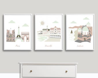 Travel Theme Nursery Art Prints: Paris,Deauville,Santorini - Set of 3