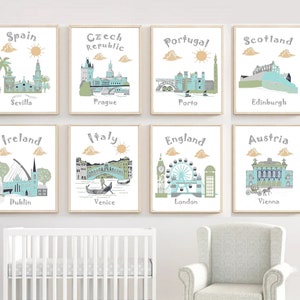 Nursery wall art, travel theme nursery,nursery decor,Sevilla,Prague,Venice,Vienna,Dublin,Porto,Edinburgh,London,blue,green,gray,orange