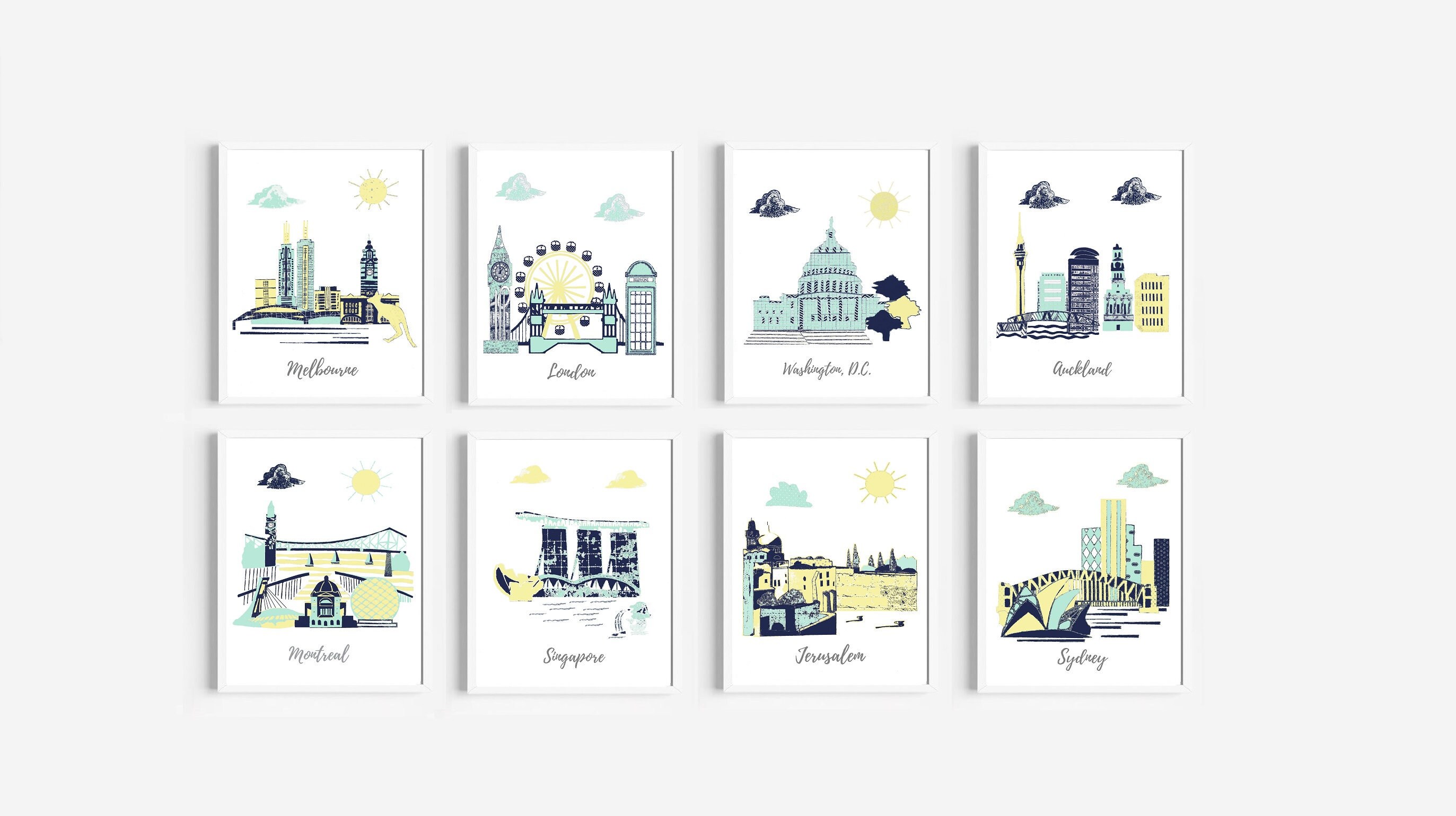 125, Nursery Wall Art, Travel Theme Nursery, Menthe, Jaune, Gris, Bleu, Australie, Angleterre, États