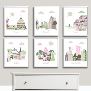 Set of 6 custom travel nursery wall art,baby girl nursery,Pink,Green,Gray,Beige