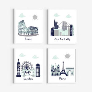 Nursery wall art,baby room decor,travel theme nursery,baby boy nursery,navy,mint,gray,Paris,New York,Rome,London