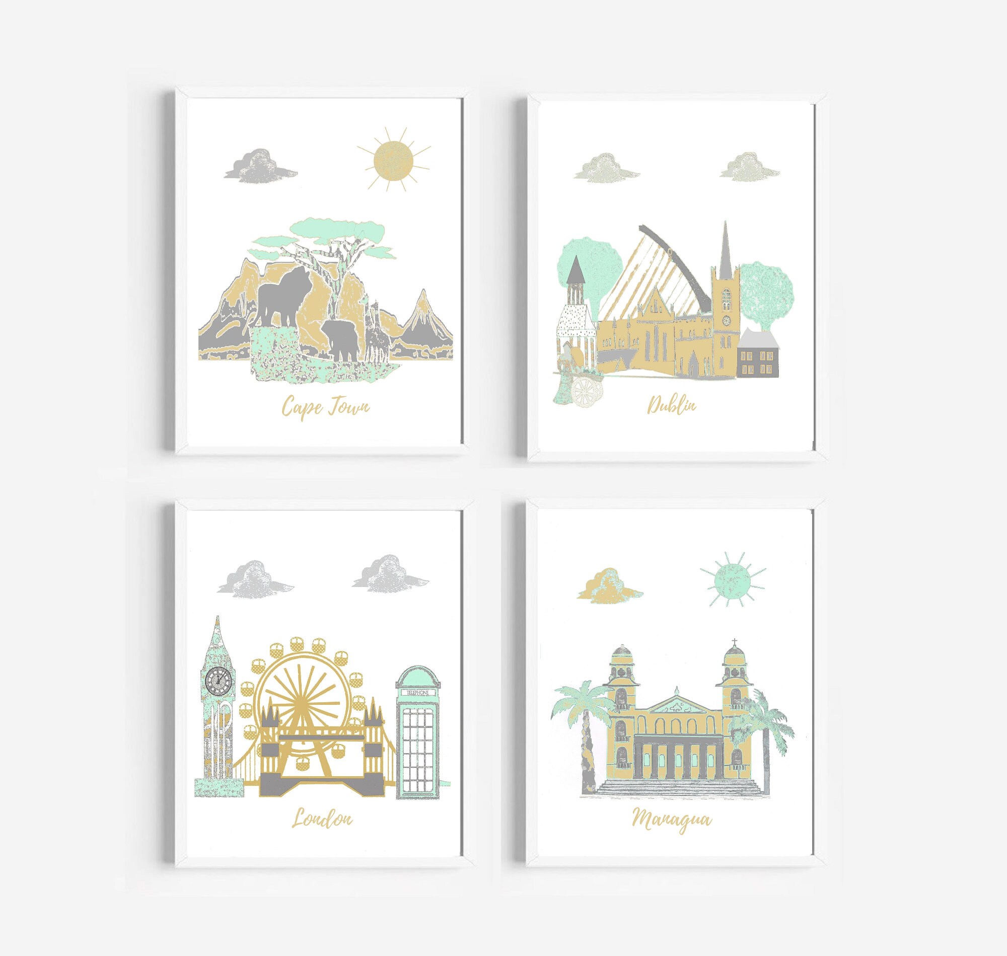 120 Art Mural de Crèche, Thème Voyage Impression d'art Bébé, Menthe, Or, Gris, Irlande, Afrique Du S