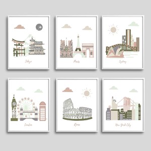 Nursery wall art,travel theme nursery,neutral art,Paris,NYC,Rome,London,Sydney,Tokyo,Brown,Gray,Terracotta,Beige,Green