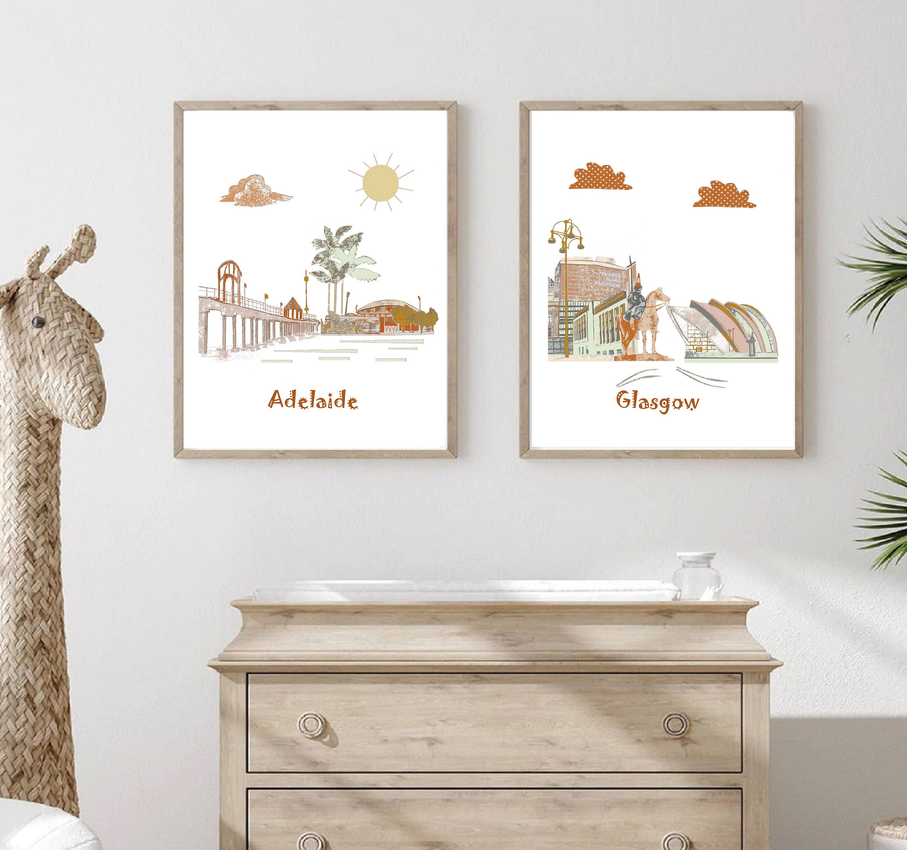 24, Art Mural de La Crèche, Thème Voyage, Impression d'art Pour Bébé, Marron, Vert, Gris, Beige, Ton