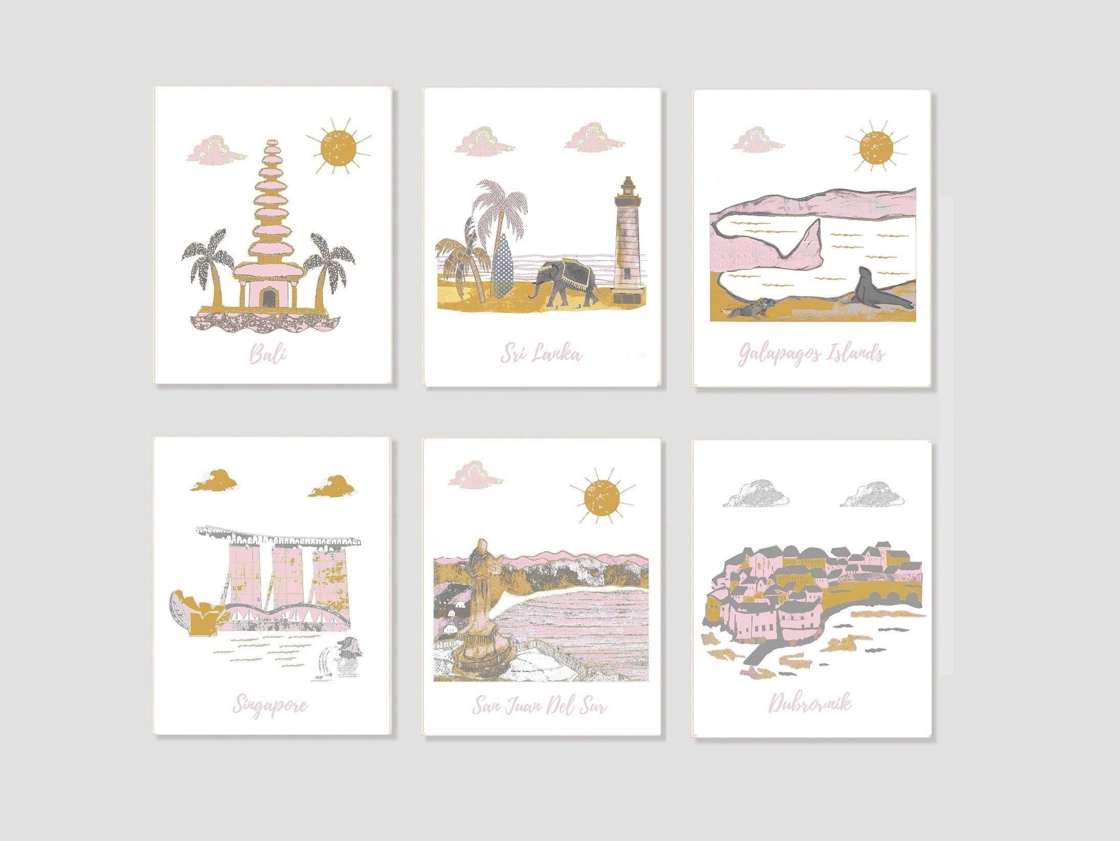 233, Nursery Wall Art, Poupée à Thème de Voyage, Rose, Or, Gris, Sri Lanka, Indonésie, Singapour, Ni