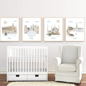 Arte murale per la cameretta dei bambini, tema viaggi per la cameretta dei bambini, set di 4 stampe personalizzate per la cameretta dei bambini, arte murale personalizzata per la cameretta dei bambini