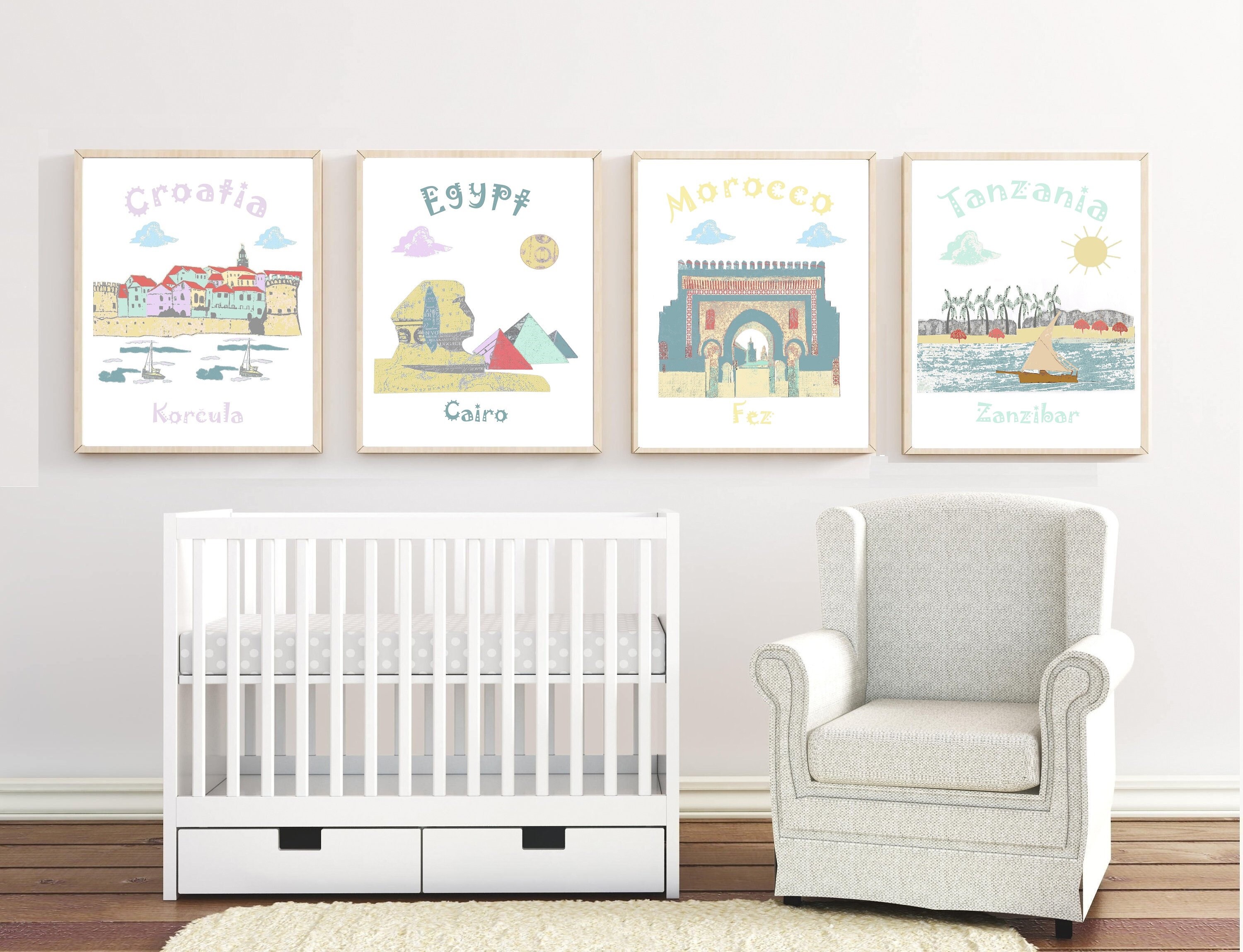 Art Mural de Crèche, Décoration Chambre Bébé, Crèche à Thème Voyage, Croatie, Égypte, Maroc, Tanzani