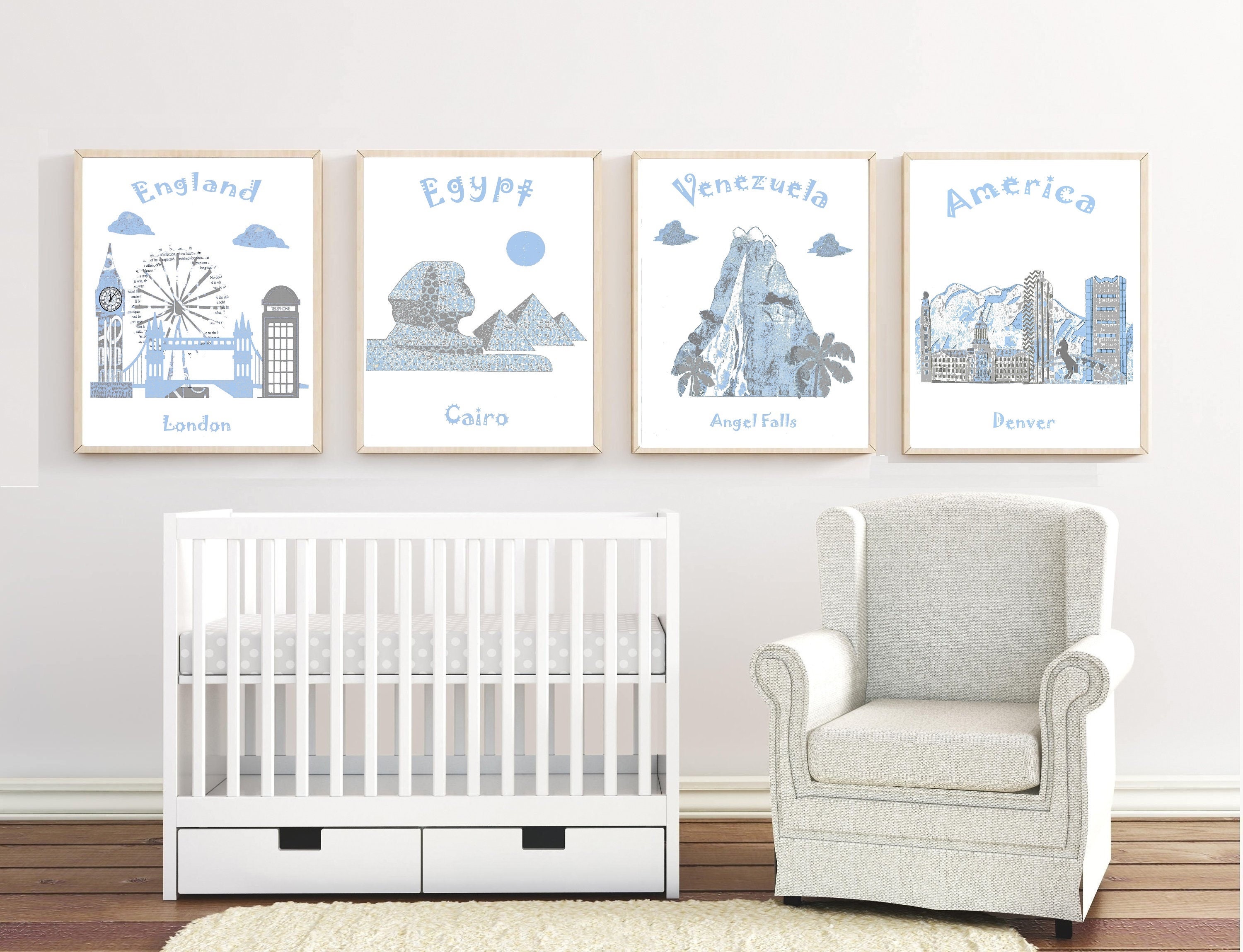 126, Art Mural de La Crèche, Impression d'art Pour Bébé Garçon, Voyage Nurseryblue, Gris, Angleterre