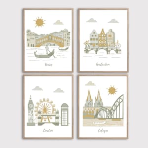 Nursery wall art,travel theme nursery,Neutral nursery,Venice,London,Amsterdam,Cologne,Sage green,Gold,Beige