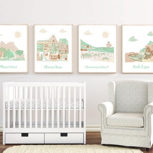 Nursery wall art,travel theme nursery,baby nursery decor,green,beige,brown,gray,New Zealand,Maurituis,Germany,Thailand