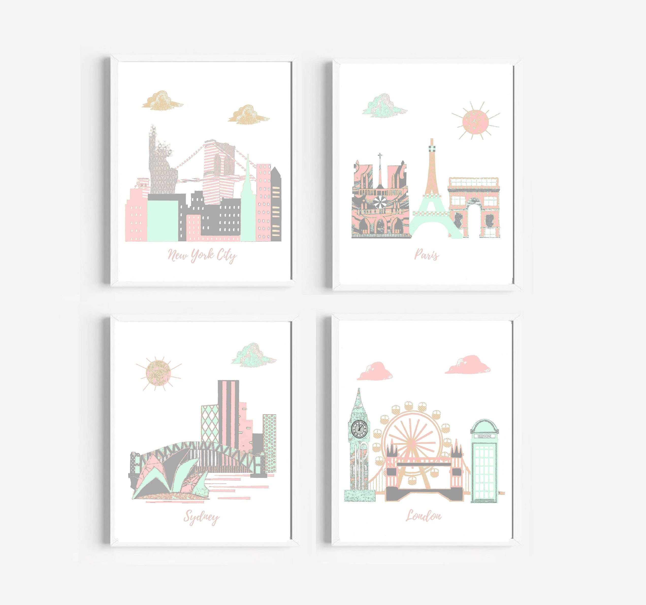 152, Nursery Wall Art, Thème de Voyage Nursery, Baby Art Print, France, Usa, Australie, Angleterre, 