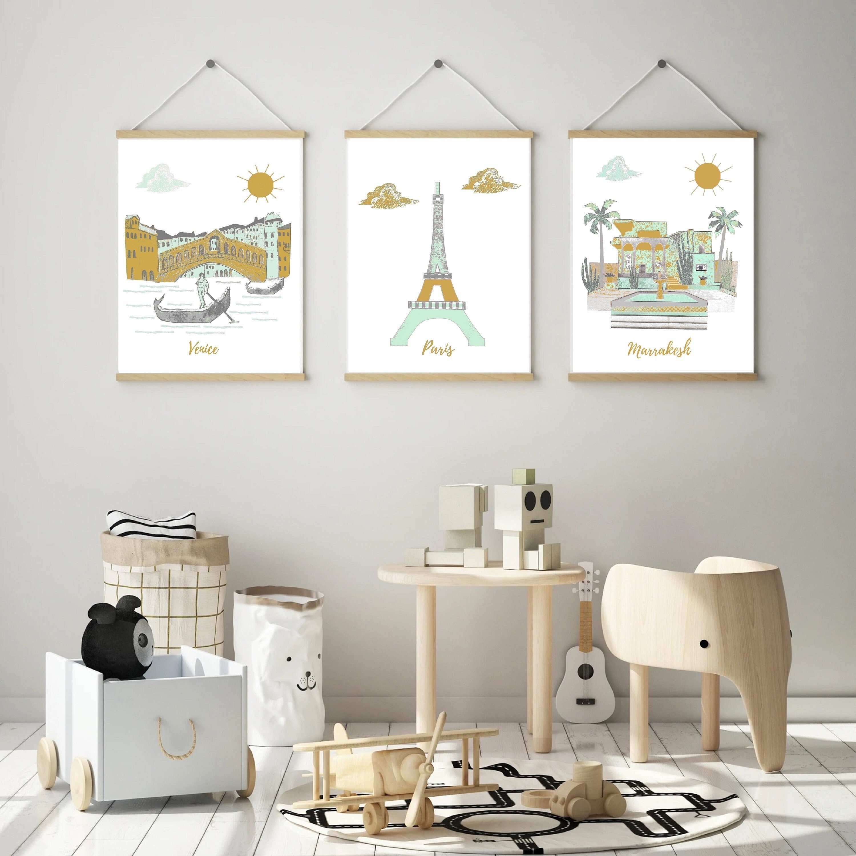 85, Crèche Murale, Thème de Voyage Crèche, Imprimé Bébé, Menthe, Or, Gris, Maroc, France, Italie, Ma