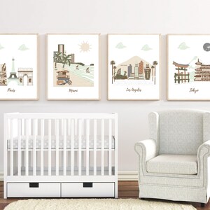 Customizable nursery wall art,travel theme nursery,neutral nursery,brown,beige,mint,gray,Paris,Miami,Los Angeles,Tokyo