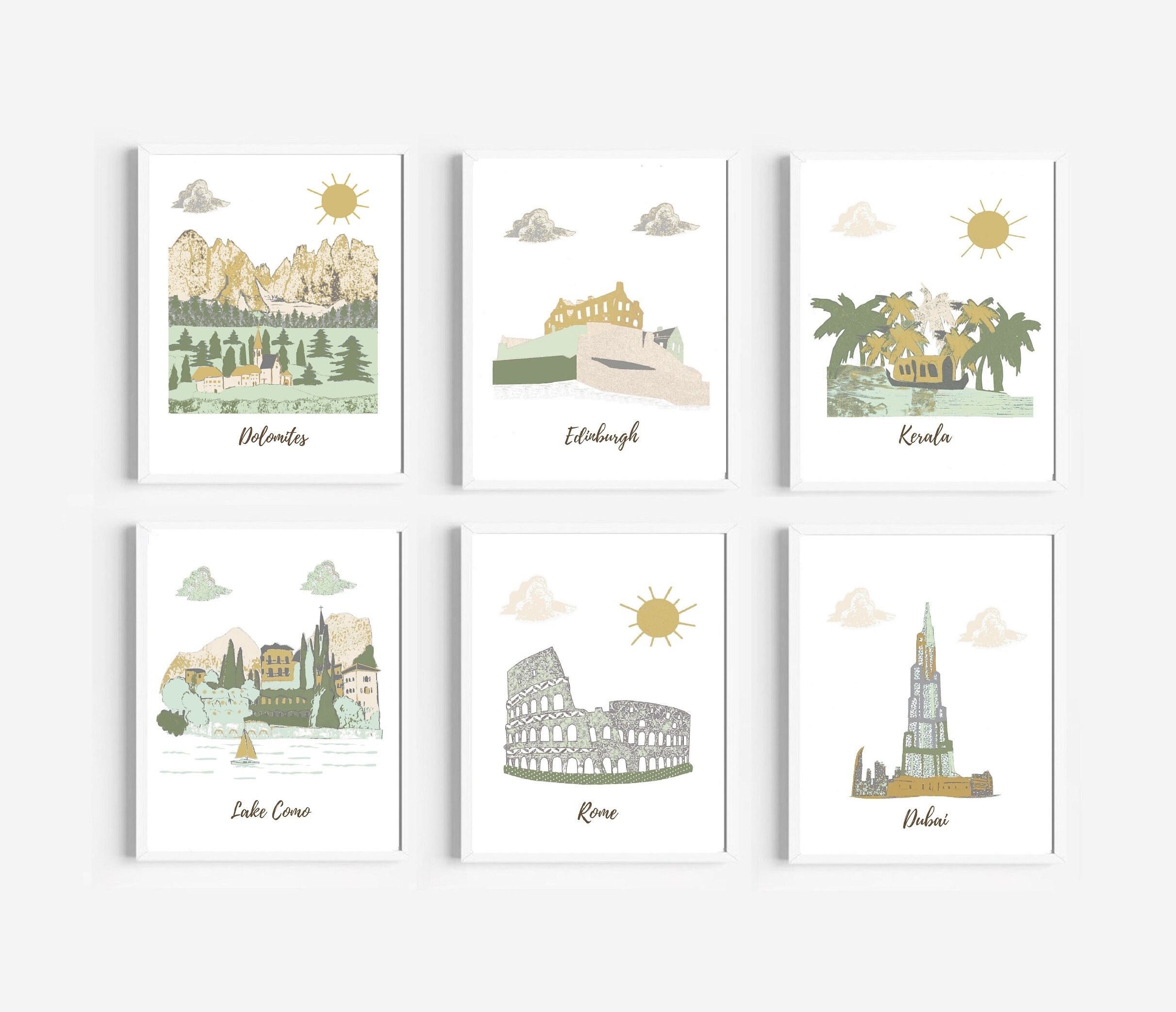 113, Pépinière à Thème de Voyage, Vert, Or, Gris, Italie, Espagne, Écosse, Inde, Émirats Arabes Unis