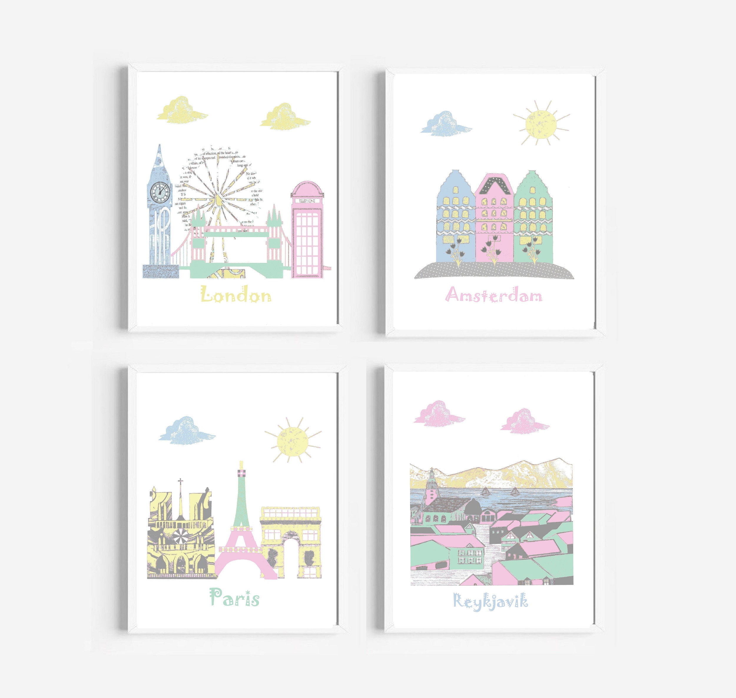 84, Art Mural de La Crèche, Décor Crèche à Thème Voyage, Couleurs Pastel, Angleterre, Hollande, Fran