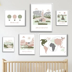 Lot de 6 impressions d'art murales pour chambre d'enfant | Thème du voyage | Carte du monde, parcs nationaux et montgolfières | Décoration de chambre de bébé | Genre neutre