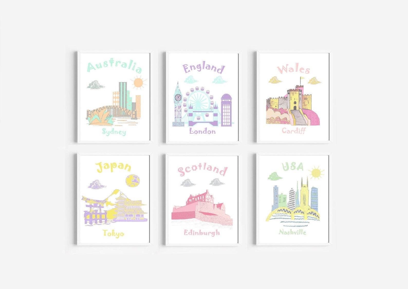 74 Art Mural de Pépinière, Pépinière à Thème Voyage, Couleurs Pastel, Australie, Angleterre, Pays Ga