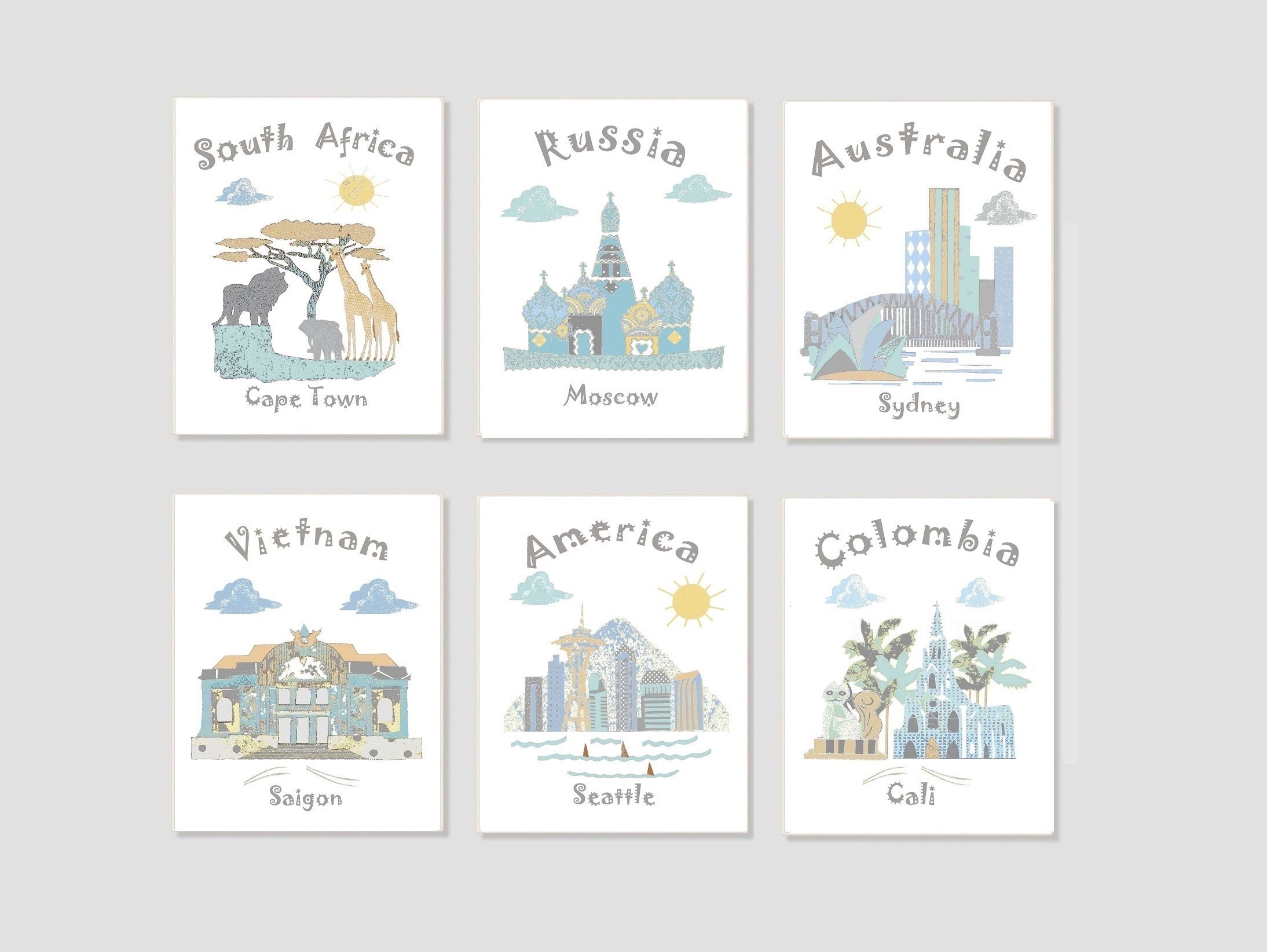 25, Art Mural de Pépinière, Pépinière à Thème Voyage, Jaune, Bleu, Gris, Colombie, Russie, Afrique D